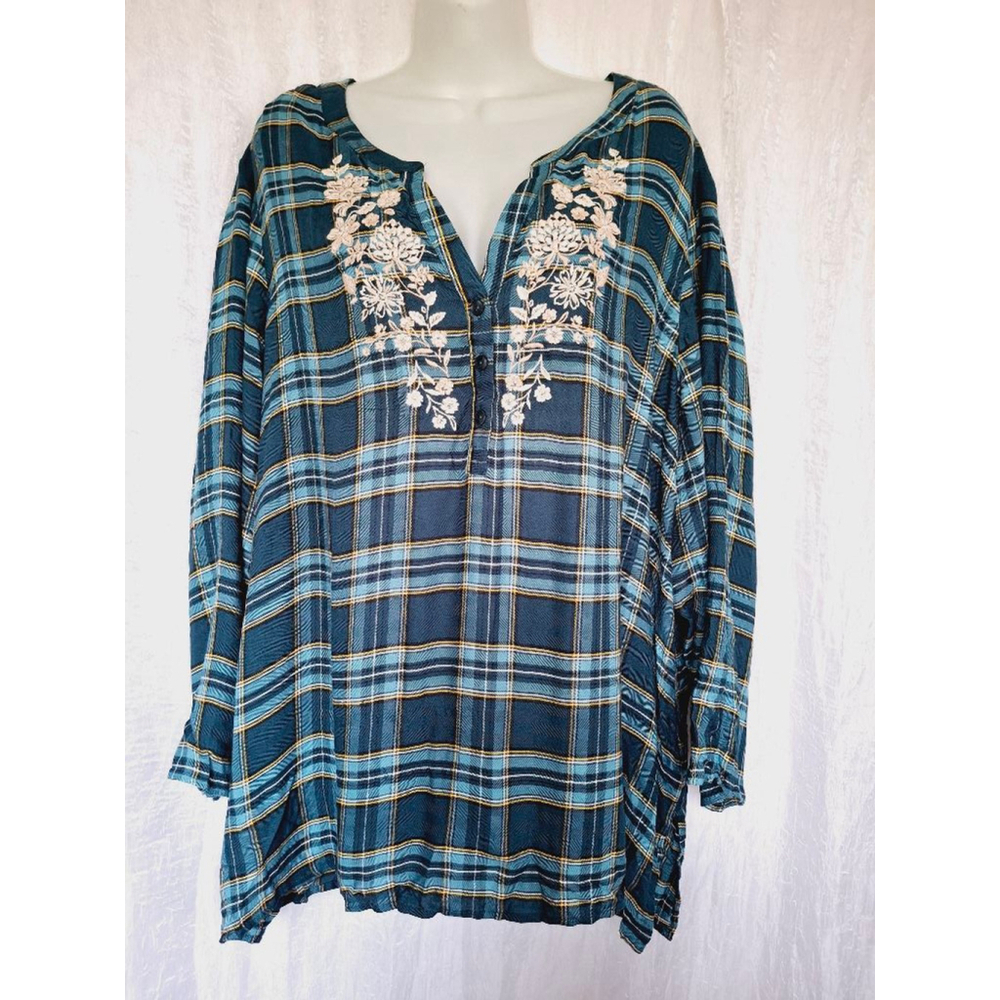 Women's The Pioneer Woman Plaid flannel embroidered v neck Shirt 3X Blue Yellow